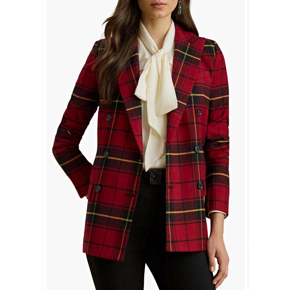 Lauren Ralph Lauren Women’s Red Plaid Double Breasted Wool Blend Blazer. Size 16